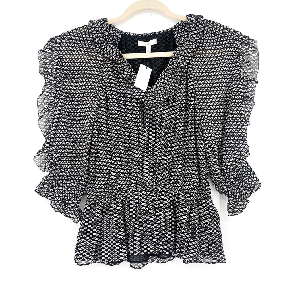 NEW Joie Zaida Black and White Ruffle Silk Blouse Size Xs